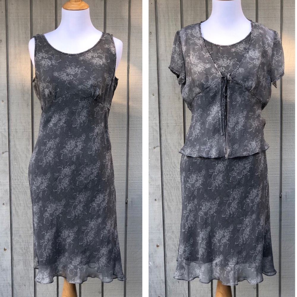 Vintage Robbie Bee Set of Beaded Lace Silk Grey Cream Dress & Cardigan size 8P